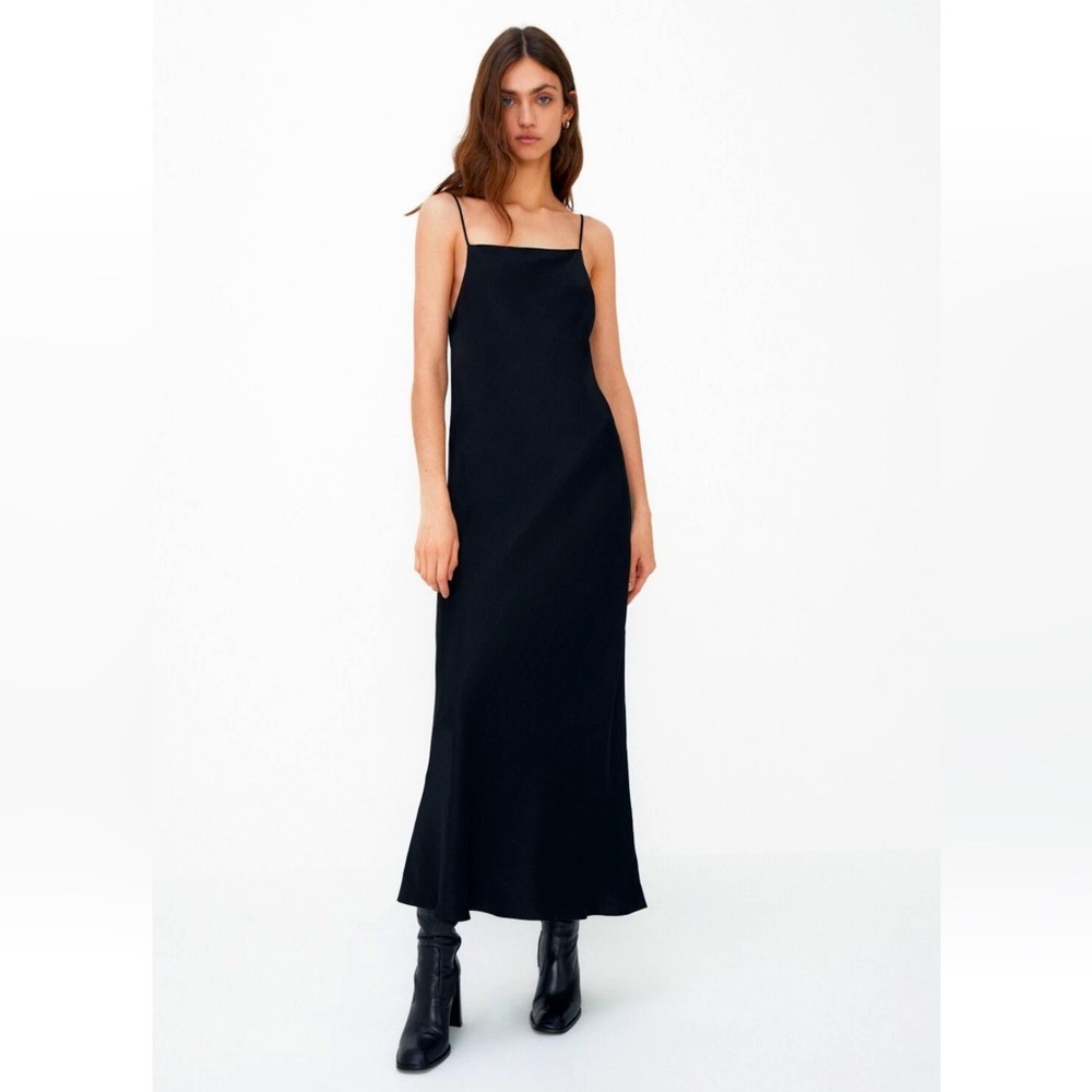ZARA Black Satin Cowl Neck Strappy Camisole Draped Dress Size Small